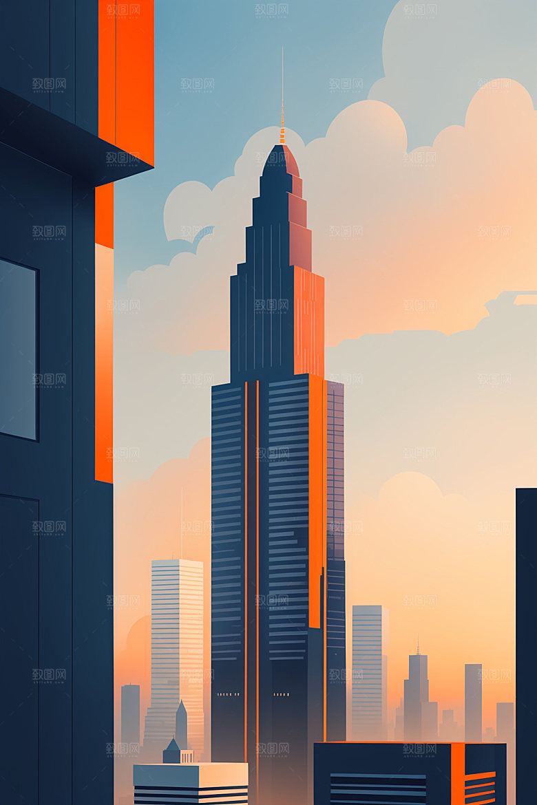 城市美式大厦插画