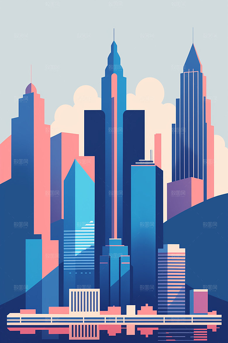 城市美式摩天大楼插画