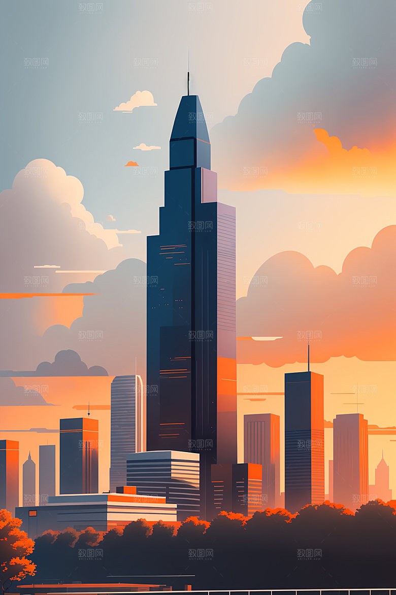 城市摩天大楼地标插画