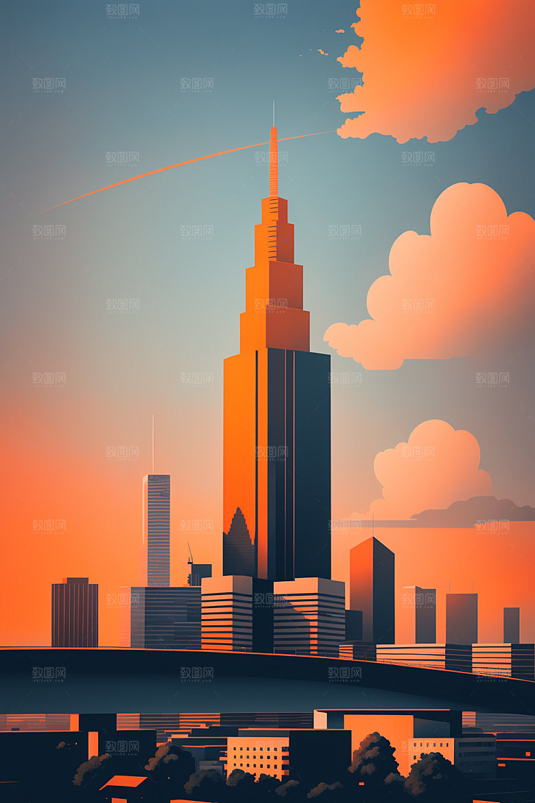城市扁平风大厦插画