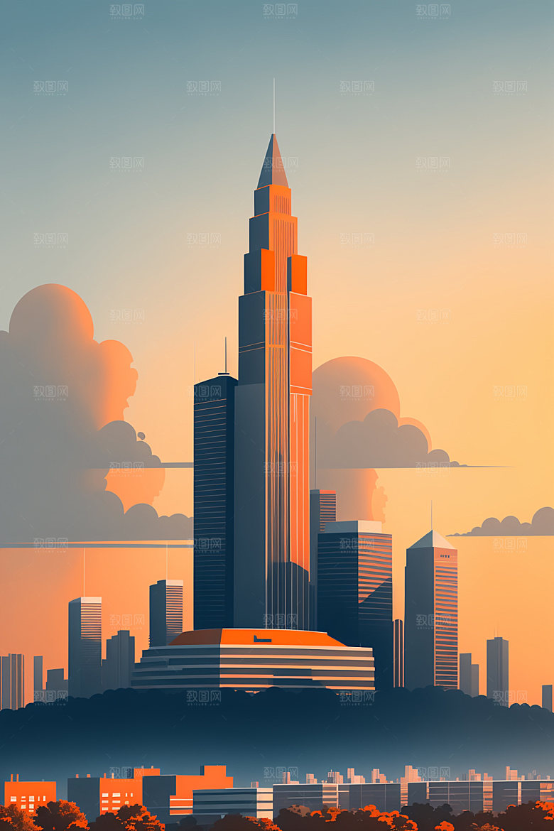 城市美式楼房插画