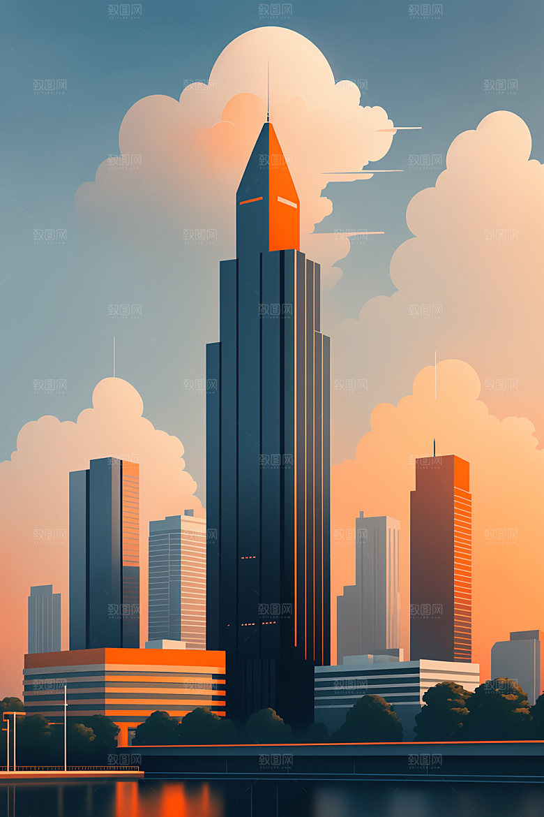 城市大厦美式插画