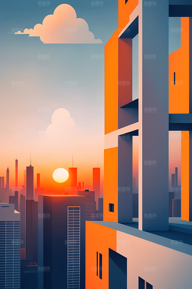 城市地标楼房插画