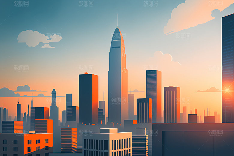 城市楼房美式插画