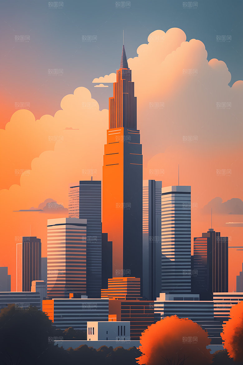 城市扁平风地标插画