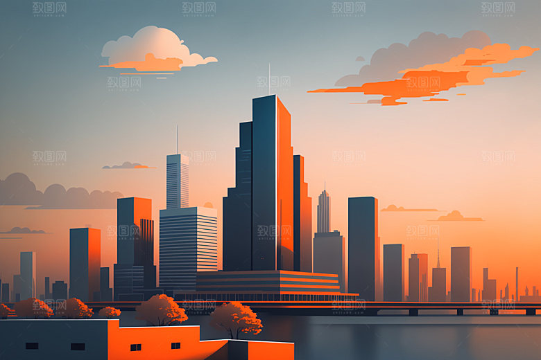 城市地标美式插画