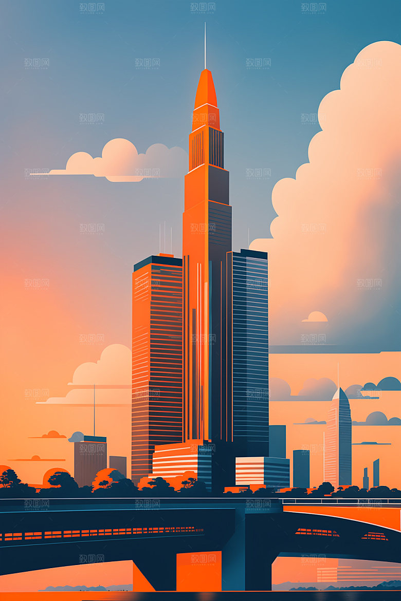 城市美式楼房插画