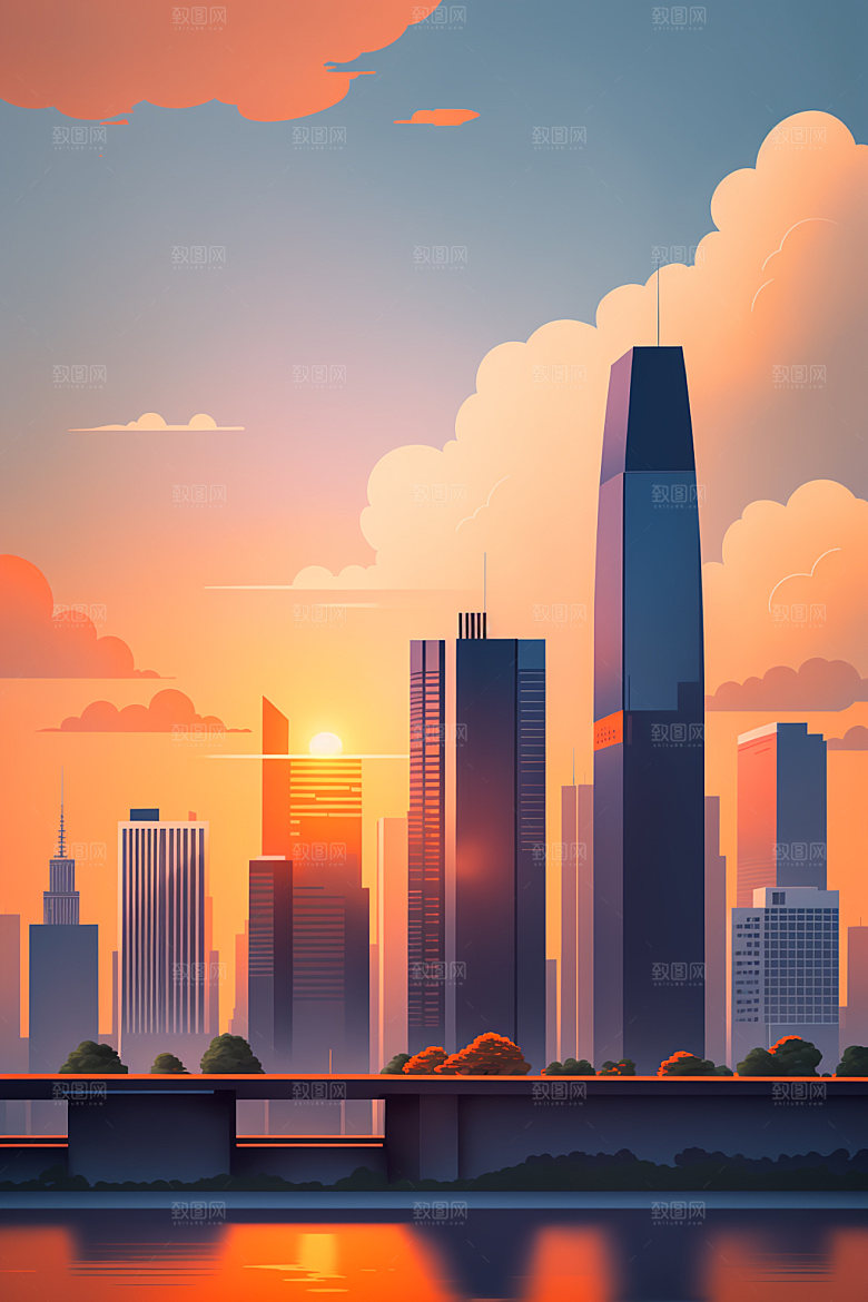 城市楼房美式插画