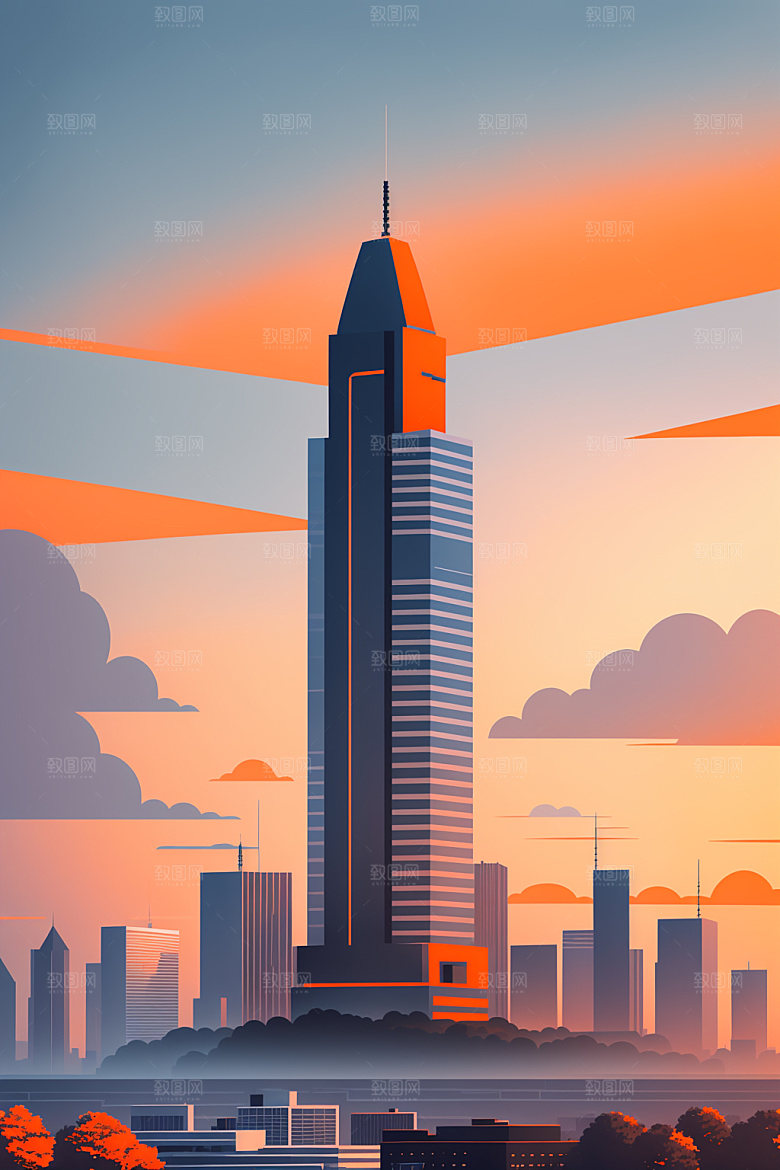 城市楼房美式插画