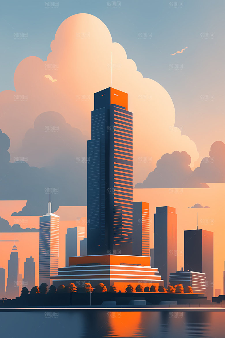 城市地标美式插画