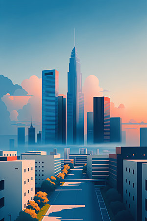 城市美式楼房插画