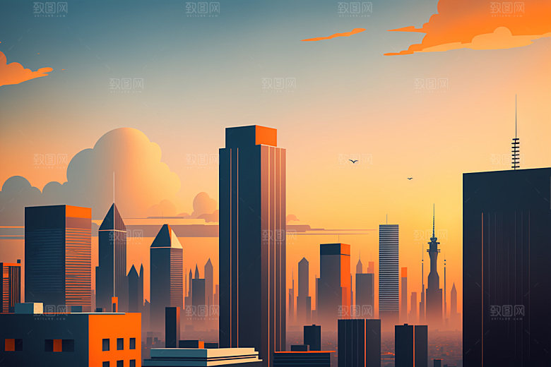 城市摩天大楼地标插画