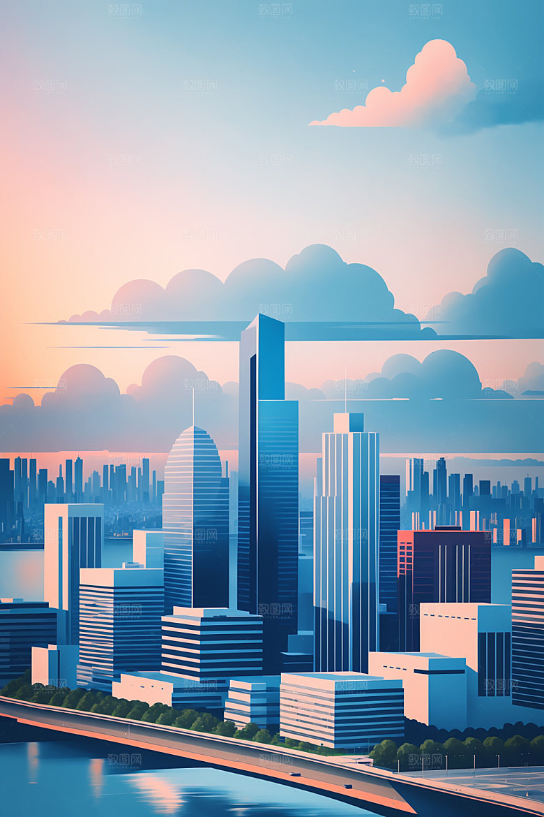 城市摩天大楼地标插画