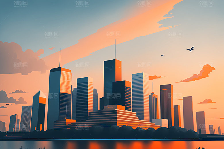 城市美式大厦插画