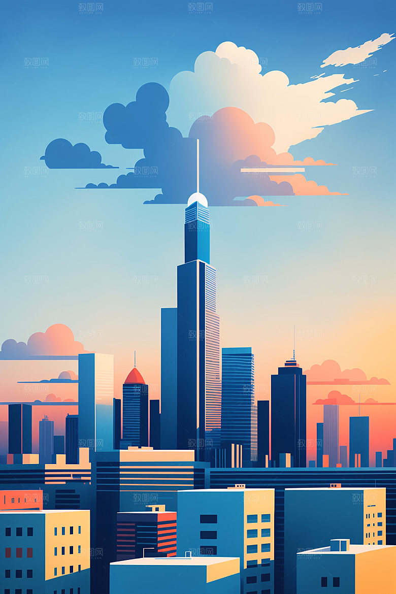 城市美式楼房插画