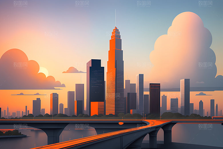 城市地标美式插画