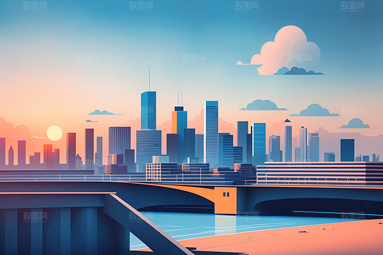 城市楼房美式插画