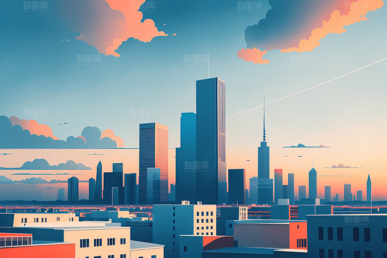 城市地标美式插画