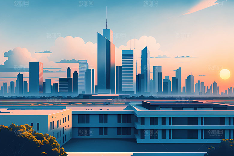 城市扁平风摩天大楼插画
