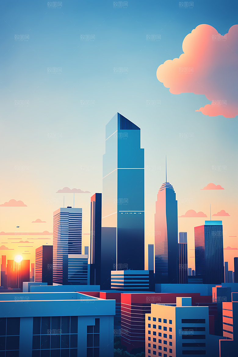 城市楼房美式插画