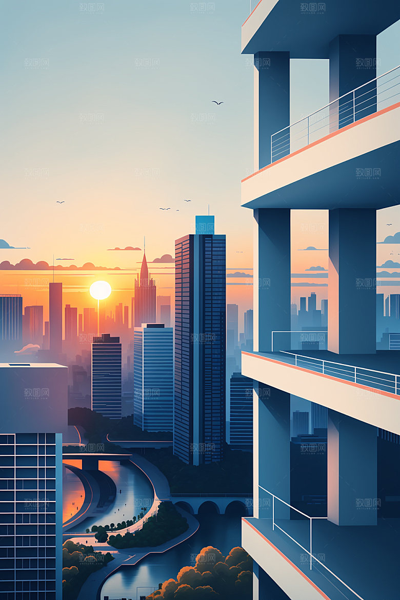 城市楼房美式插画