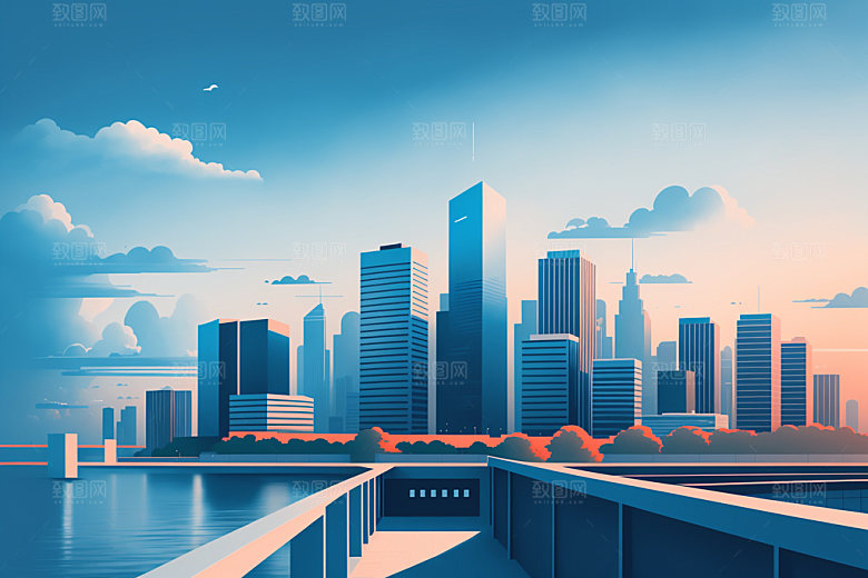 城市楼房美式插画