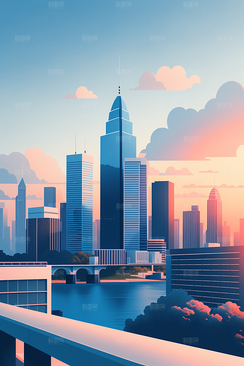 城市摩天大楼地标插画