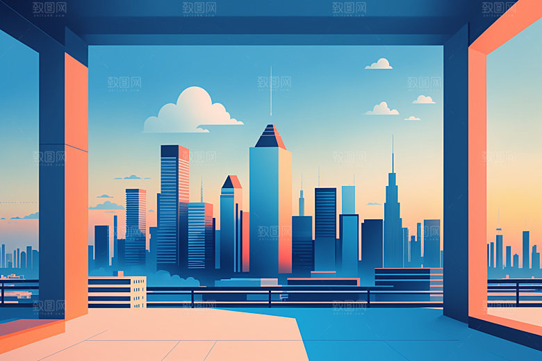 城市楼房美式插画