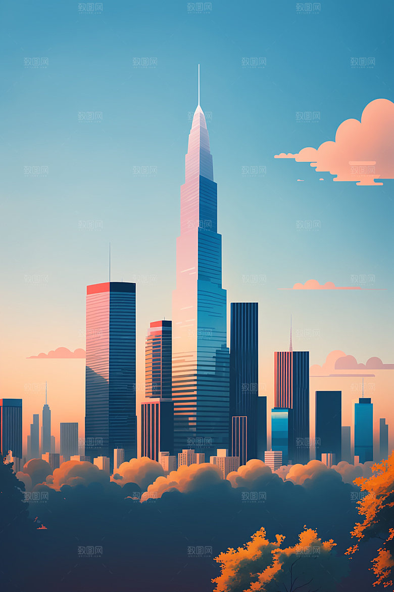 城市楼房扁平风插画