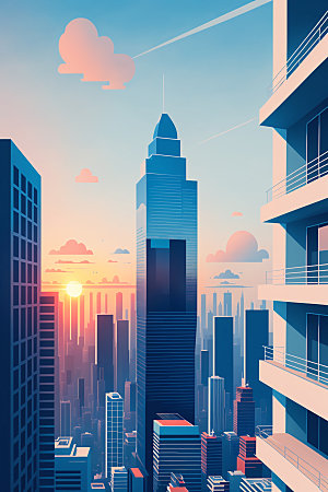 城市摩天大楼美式插画
