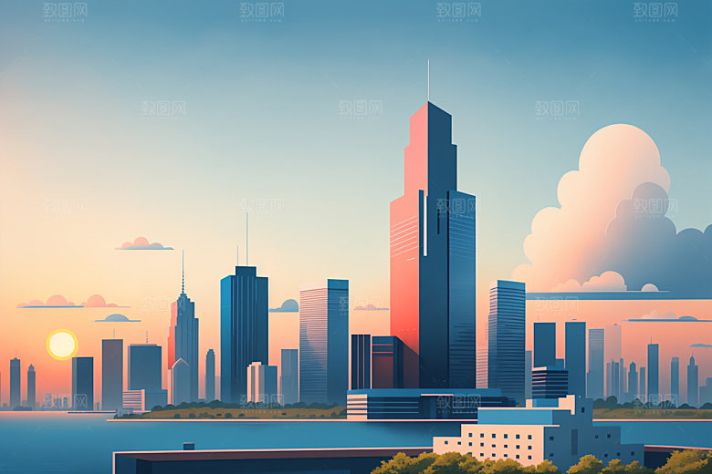 城市美式楼房插画