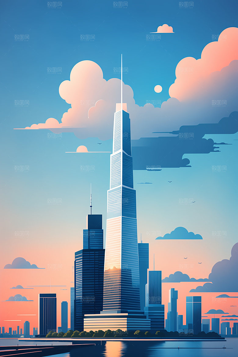 城市美式摩天大楼插画