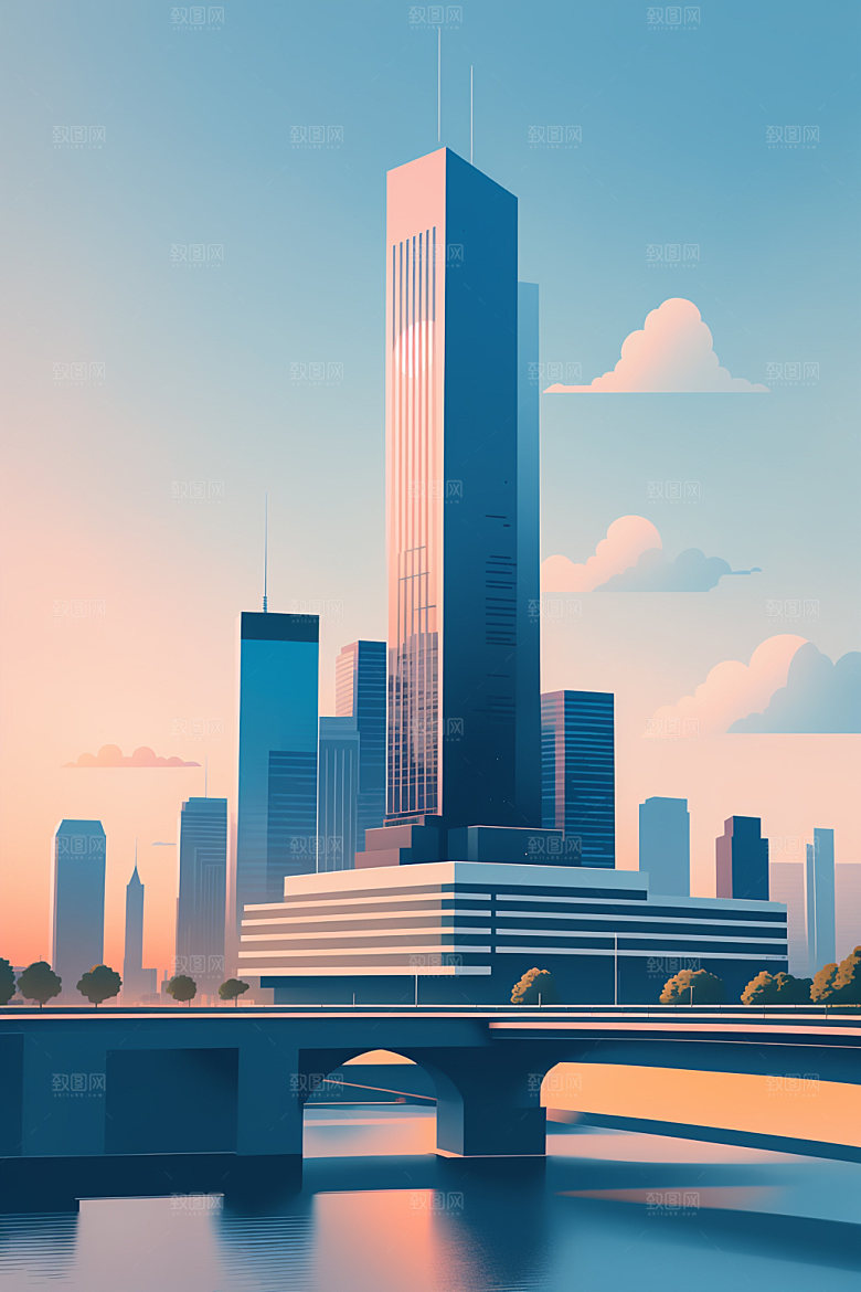 城市美式大厦插画