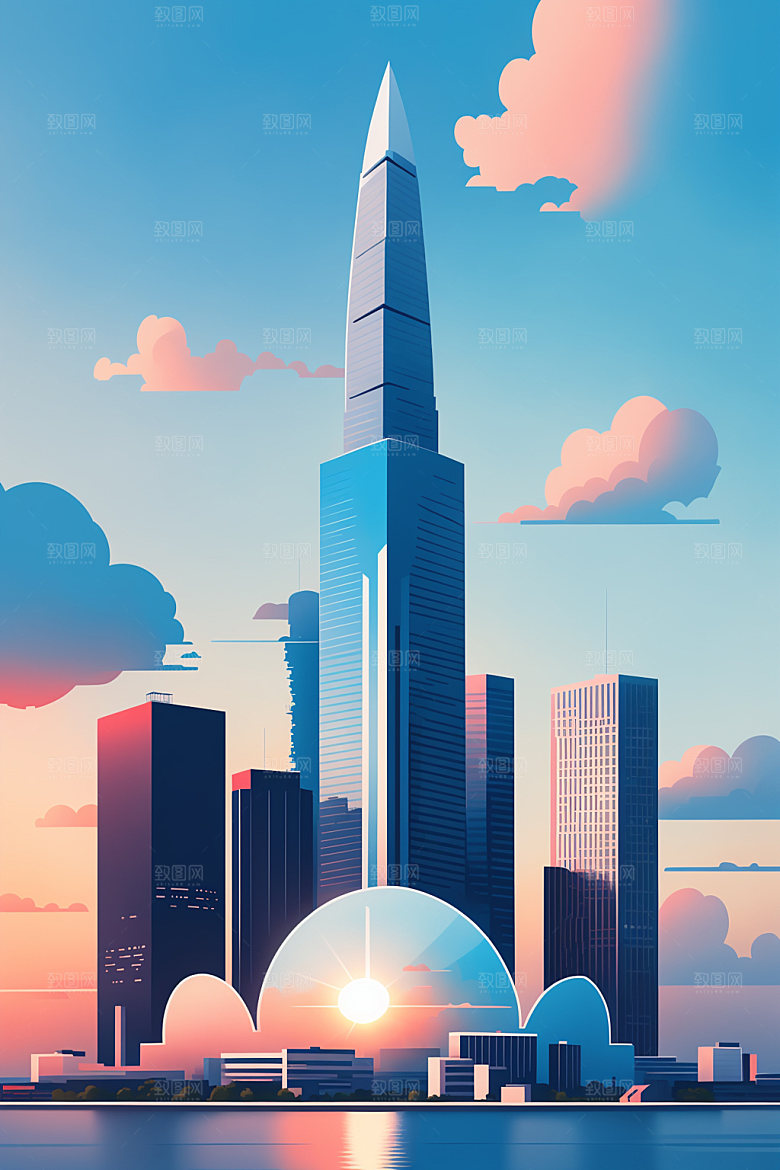 城市楼房美式插画