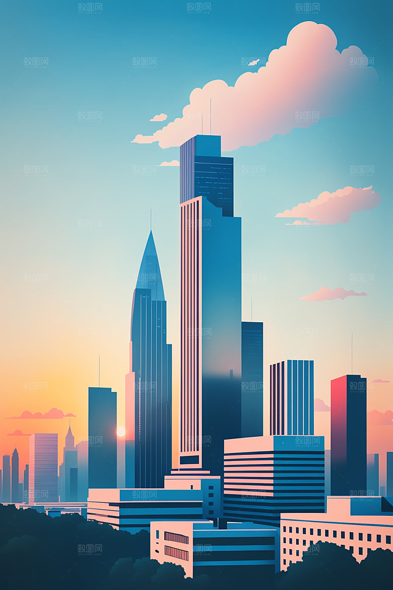 城市楼房扁平风插画