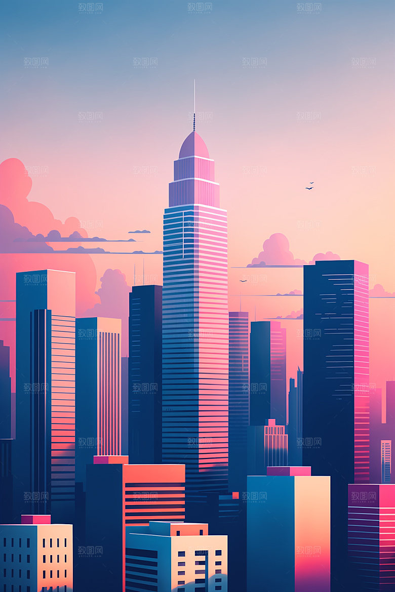 城市扁平风大厦插画