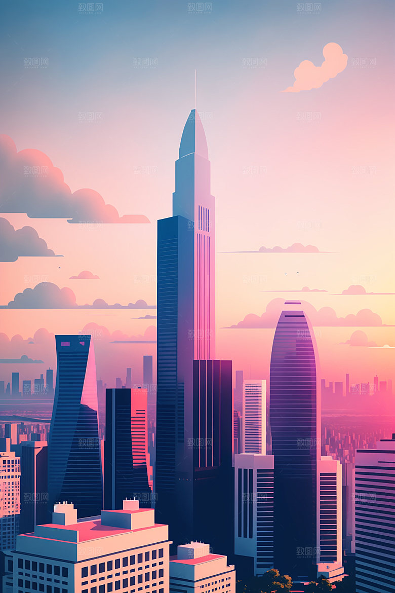 城市地标美式插画