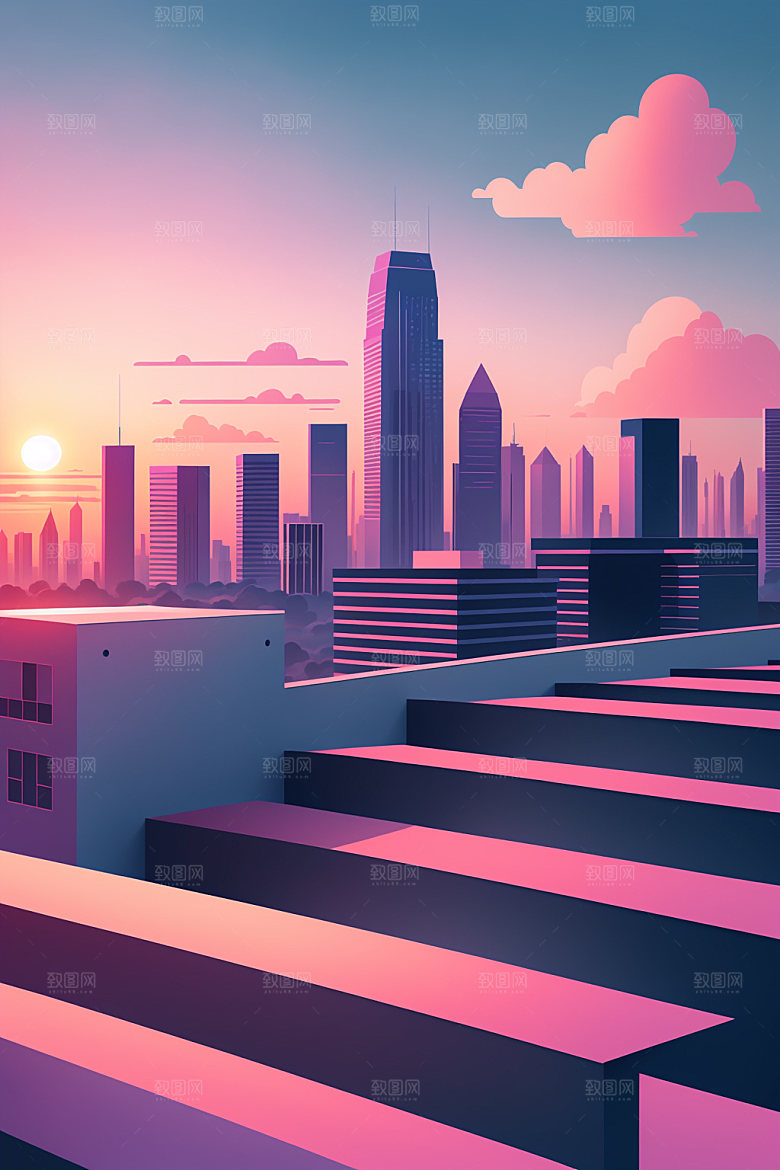 城市楼房美式插画