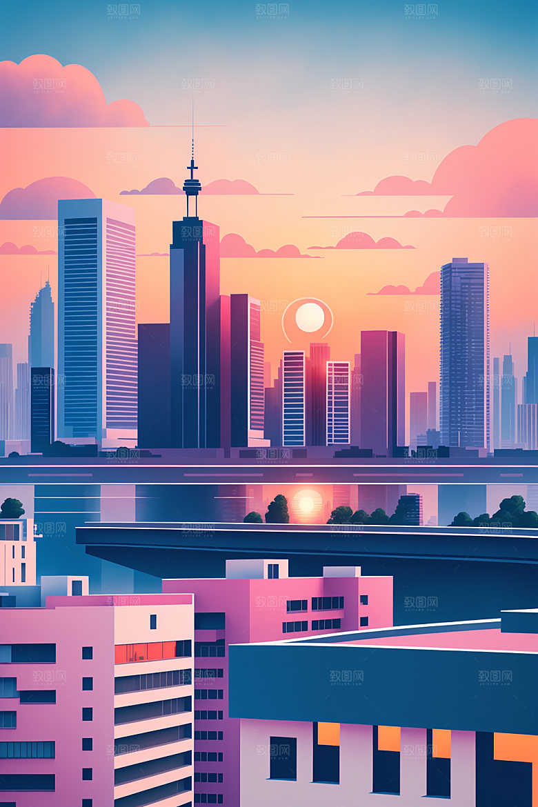 城市摩天大楼地标插画