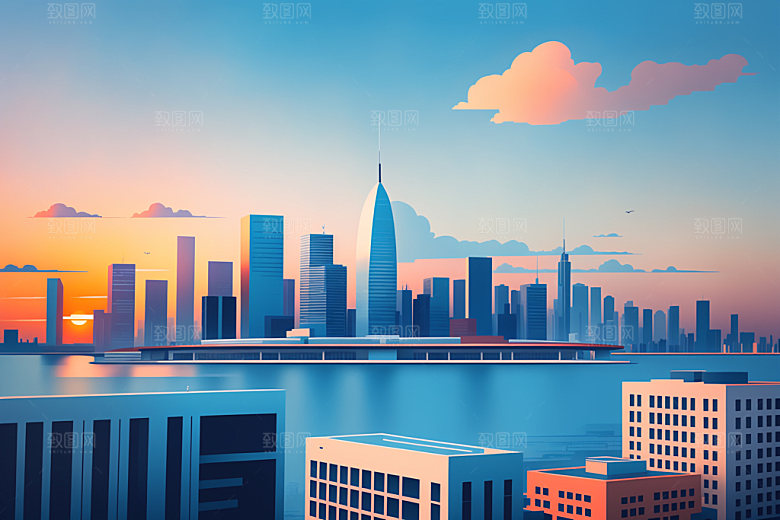 城市地标美式插画