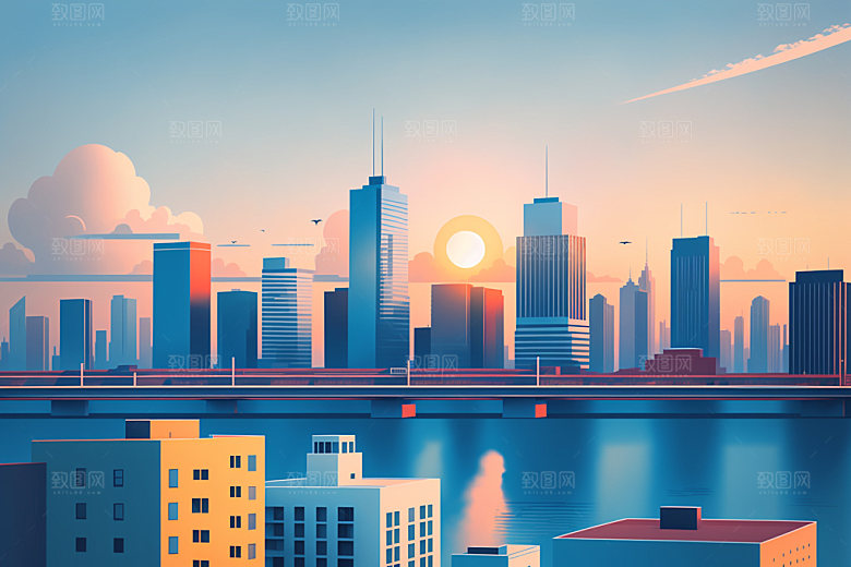 城市摩天大楼地标插画