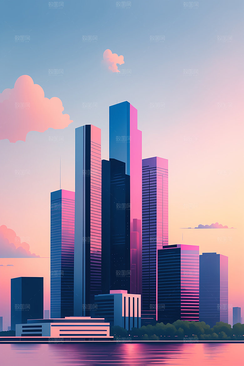 城市扁平风大厦插画