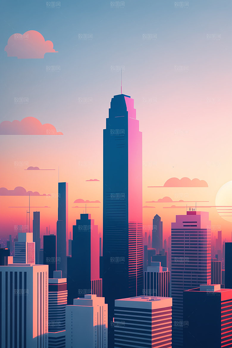 城市摩天大楼地标插画