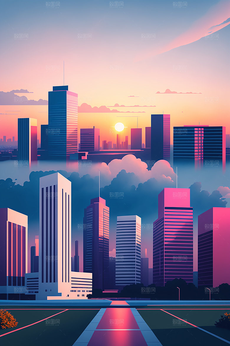 城市大厦美式插画