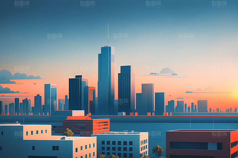 城市大厦美式插画