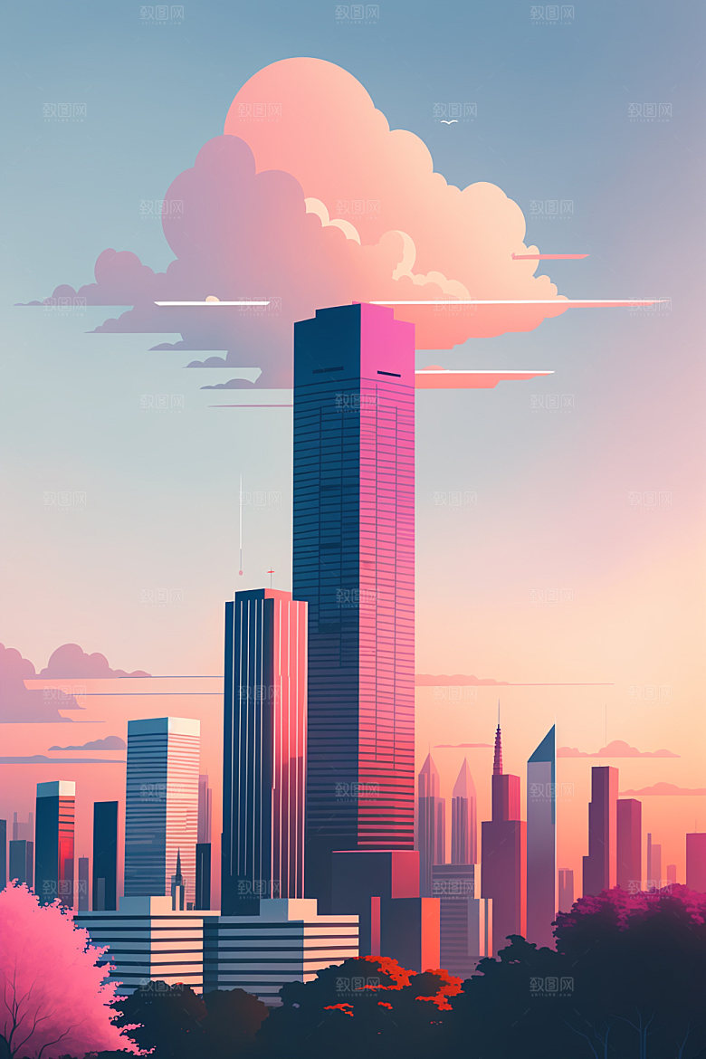 城市摩天大楼美式插画