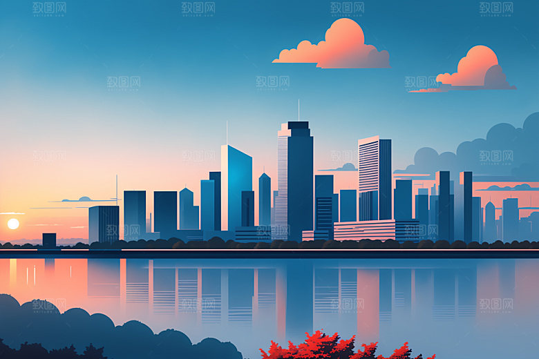 城市扁平风摩天大楼插画