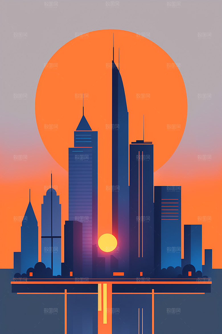 城市扁平风摩天大楼插画