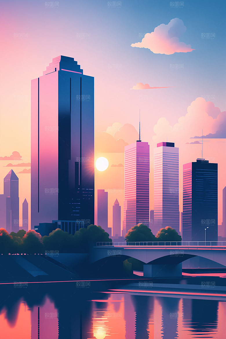 城市地标扁平风插画