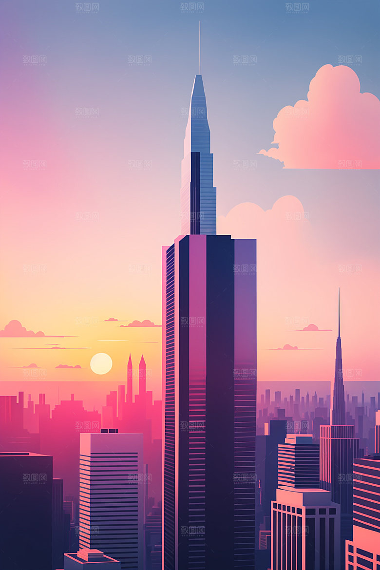 城市楼房美式插画